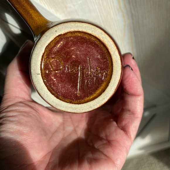 Pair of Vtg Dryden Glossy Drip Glaze Pottery Mug Brown Green Orange 4" w/ Handle - Picture 6 of 6